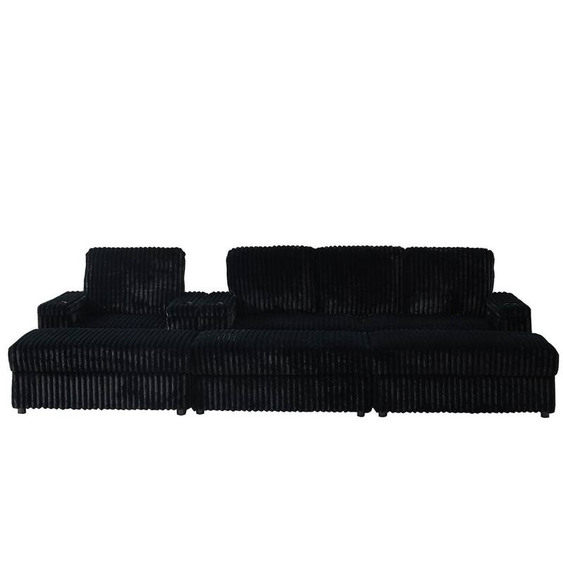 3-seater Modern Sofa with Corduroy Single Sofa, Cup-holding Grooves and 3 Ottomans