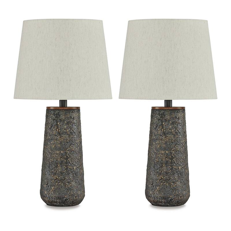 Roe Table Lamp Set of 2, Antique Black Textured Metal Base. Drum Shade