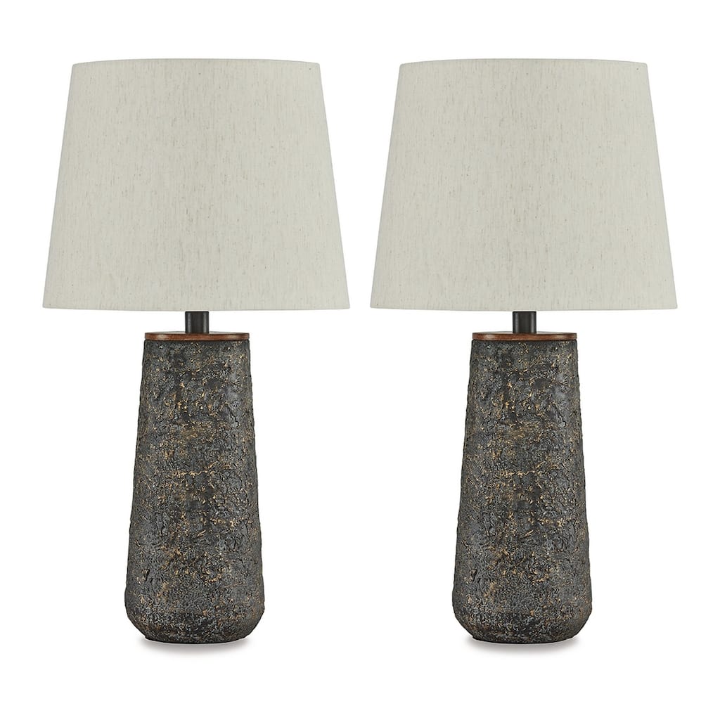 Roe Table Lamp Set of 2, Antique Black Textured Metal Base. Drum Shade