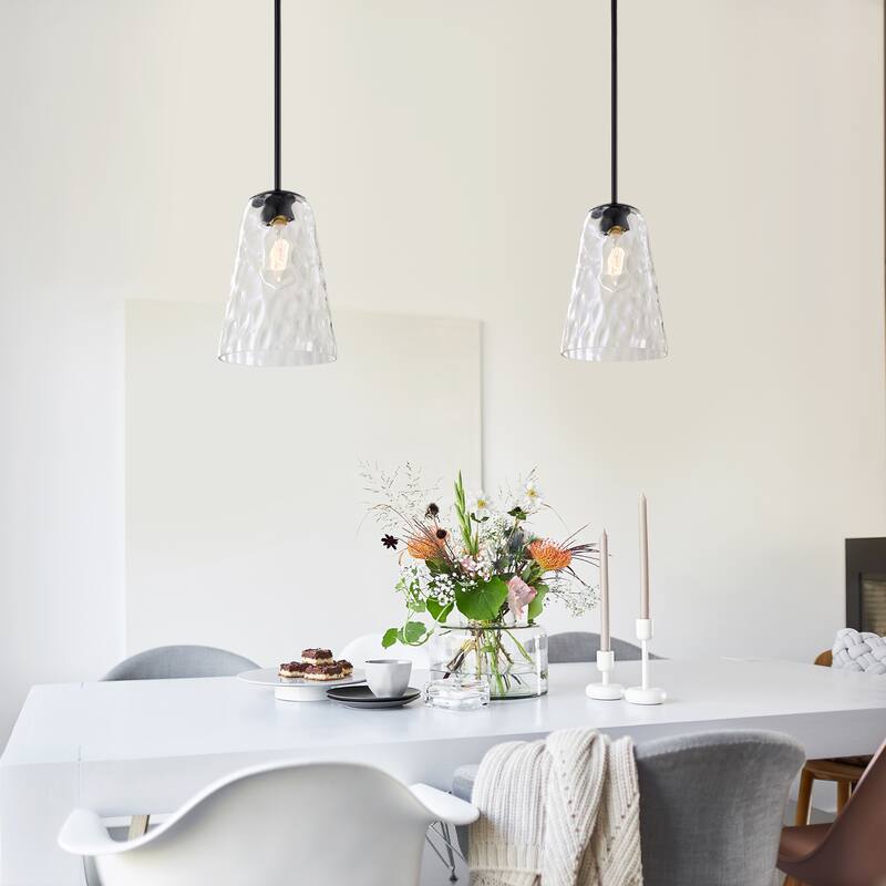 Matte Black 1-Light 8 in. Modern Mini Pendant with Hammered Glass Shade