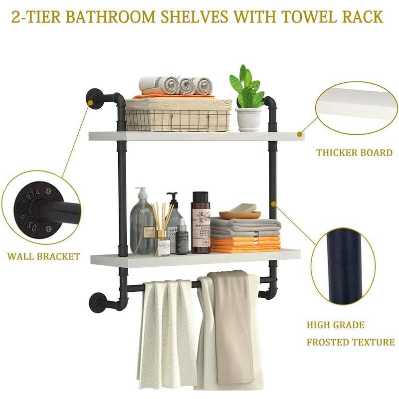 Industrial Pipe Floating Bathroom Shelves Wall Mounted with Towel bar - 7.8"D x 15.7"W x 25.6"H