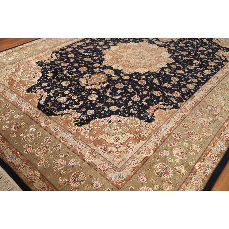 Vegetable Dye Floral Tabriz Chinese Rug Handmade Wool and Silk Carpet - 9'1" x 12'1"