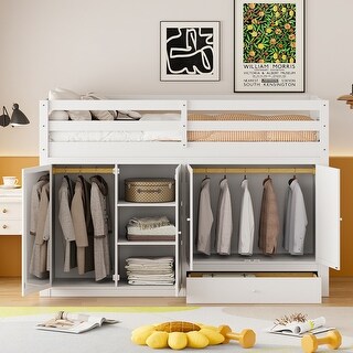 Versatile Pine Wood WTwin Size Loft Bed with Storage Drawer Wardrobe ...