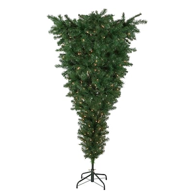 7.5' Green Upside Down Spruce Artificial Christmas Tree, Clear Lights - 7.5 Foot