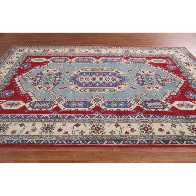 Hand Knotted Oriental 100% Wool Carpet Traditional Geometric Navy Blue & Blues Kazak Area Rug - 9' 7'' X 6' 10''