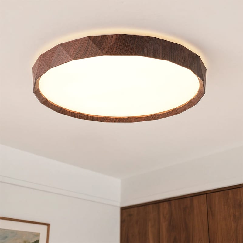 Dimmable LED Flush Mount Ceiling Light with Wood Look Finish 5 CCT 30W - Walnut Wood Grain