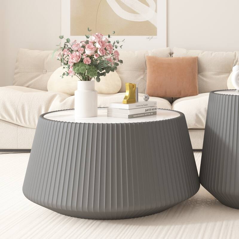 Light Sintered Stone Cup Shape Leather Coffee Table - Grey Pattern Style