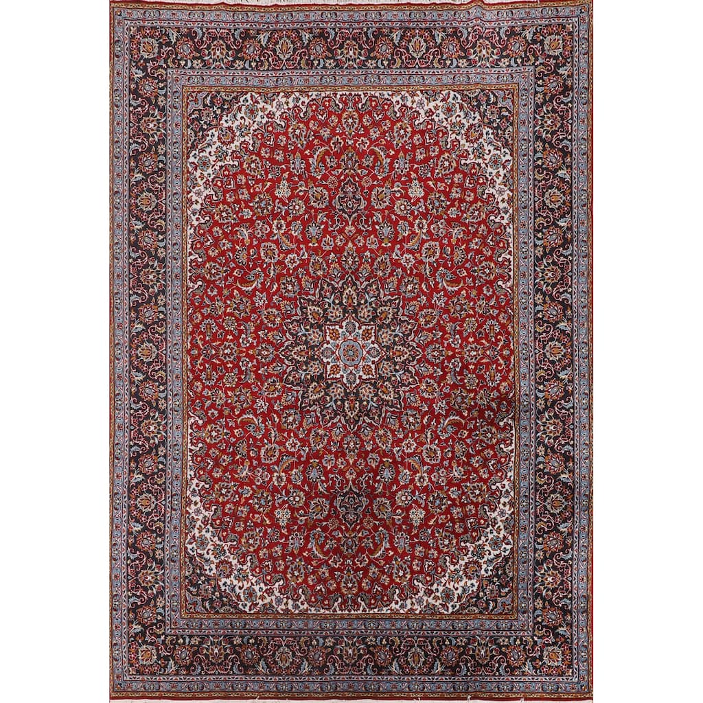 Red Floral / Traditional Kashan Turkish Rug Machine-Made Carpet - 9'7" x 12'10"