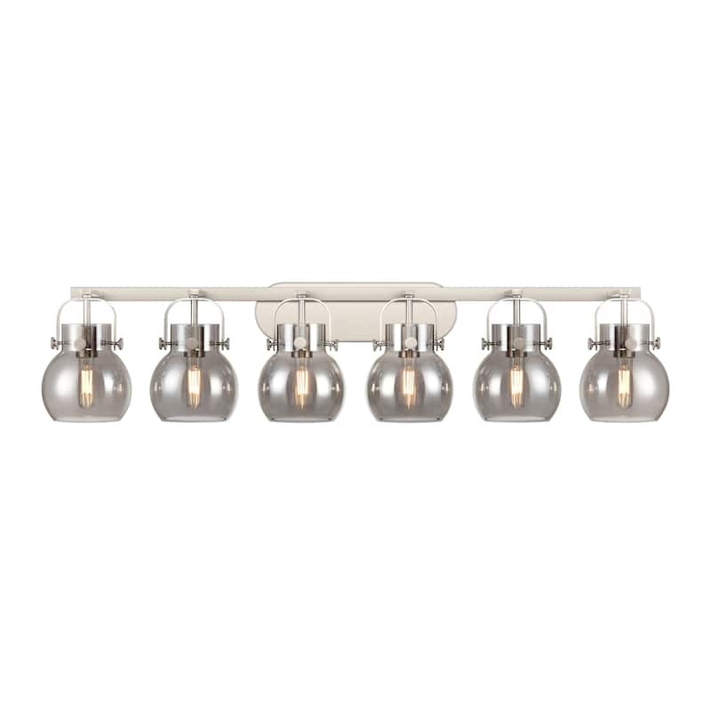 Innovations Lighting Pilaster II Sphere - 6 Light 46" Wall-Mounted Bath Vanity Light - Satin Nickel/Light Smoke