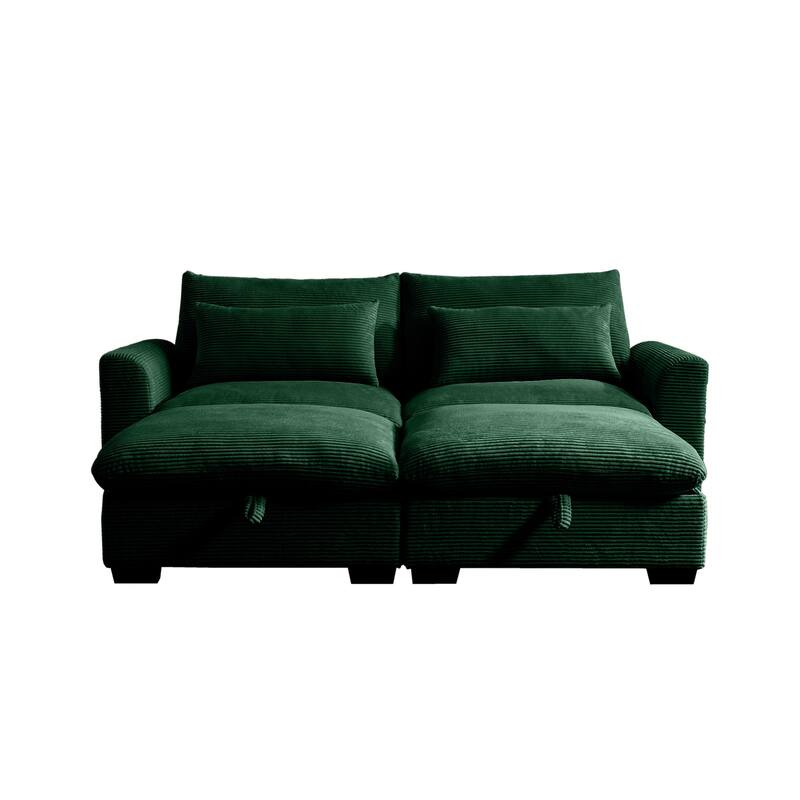 Corduroy Loveseat Sofa Couch with Storage Ottomans, Modern Sectional 2 Seater Sofa with Deep Seat, Pillows for Small Spaces
