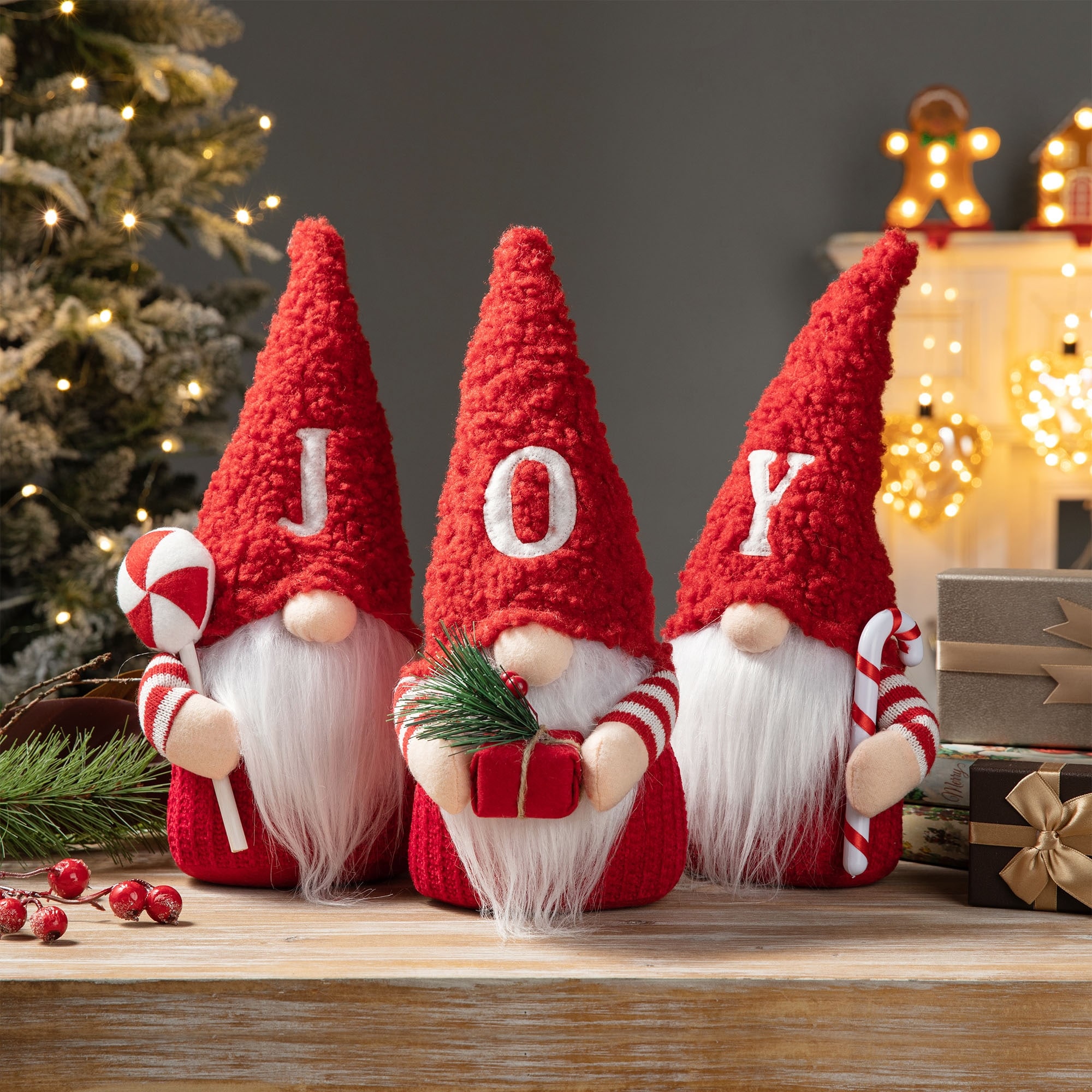 Glitzhome Set of 3 Fabric JOY Christmas Gnomes Decor