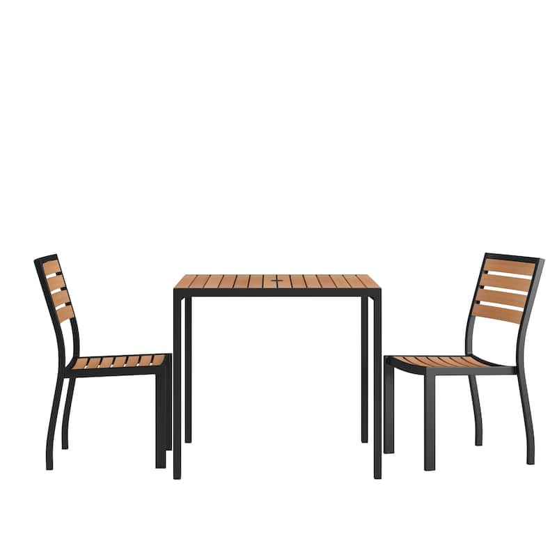 Indoor/Outdoor Faux Teak Table with 2 Club Chairs with Arms