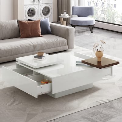 Modern Square Coffee Table with Movable Top and 4 Hidden Storage Drawers, High Gloss Center Table Cocktail Table for Living Room