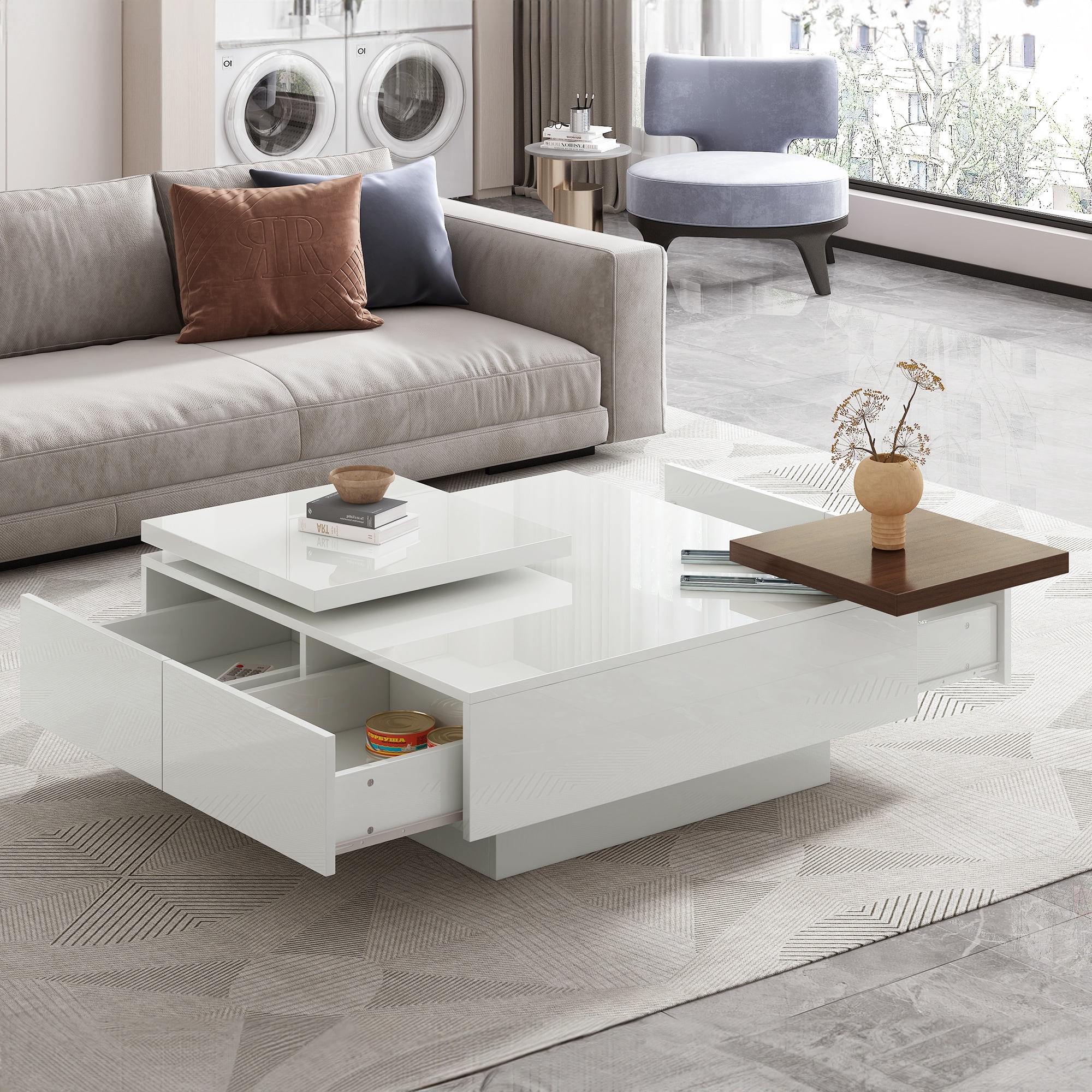 White Modern Square Coffee Table with Movable Top and Drawers