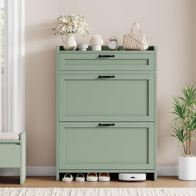 Freestanding Shoe Storage Cabinet Organizer with 2 Flip Drawers for Entryway Hallway Living Room - Green