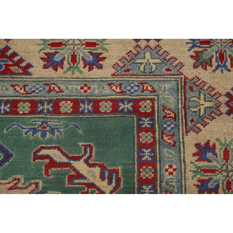 Green Geometric Kazak Area Rug Hand-Knotted Wool Carpet - 4'11" x 6'1"