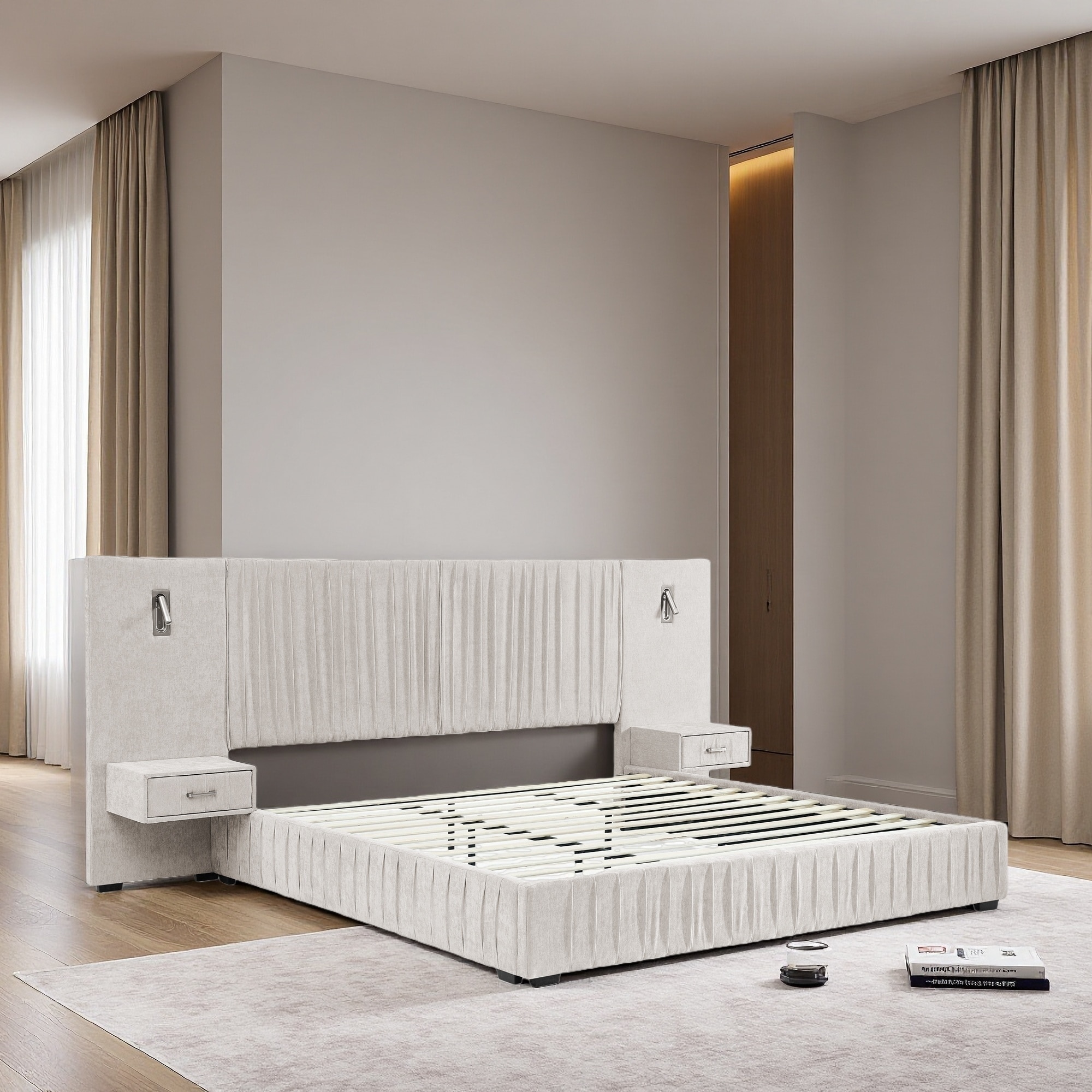 Queen Size Chenille Upholstered Bed Frame, Pleated Design, Grounded Platform Bed with Headboard, Integrated Bedside Table