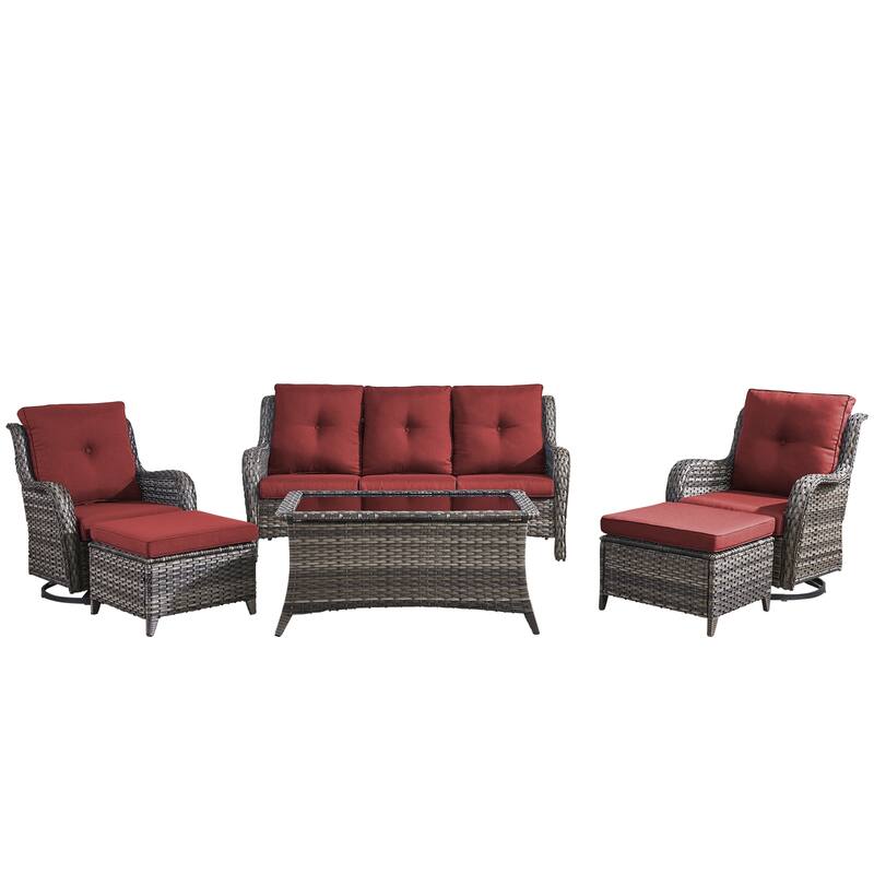 Pocassy Outdoor 6 Pieces 3-Seat Sofa Swivel Chairs Table Ottoman