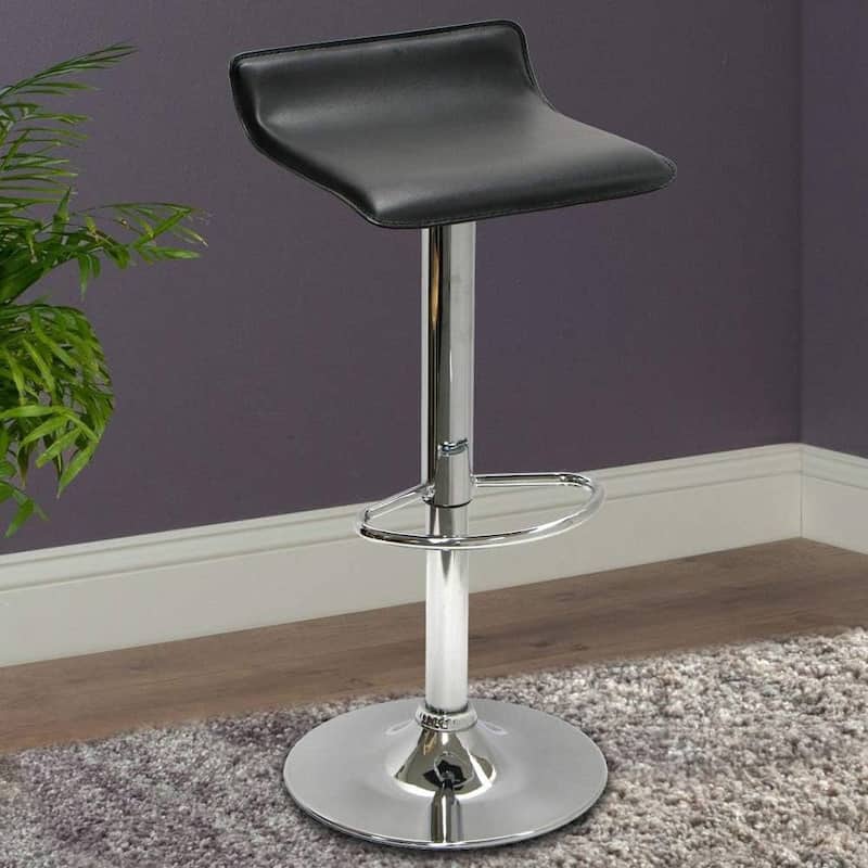 Modern Adjustable Black Faux Leather Bar Stools with Chrome Base and Swivel Seats - 18"D x 16"W x 29"H