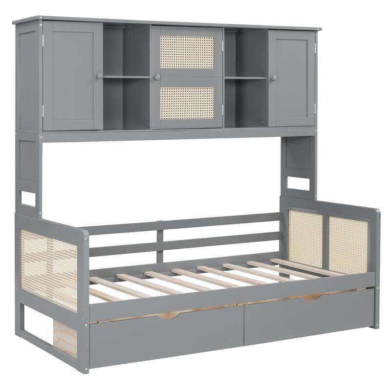 Twin Size Wooden Daybed with 2 Drawers and Built-in Cabinet, Modern Design and Flexible Storage, Sofa Bed Frame for Bedroom