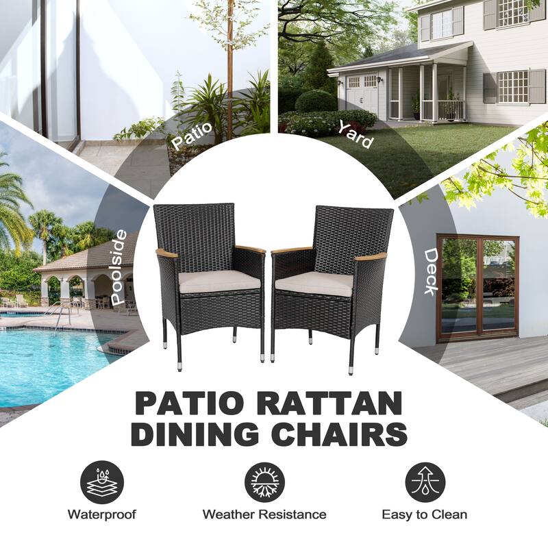 All Weather Wicker Patio Chairs Set of 2 with Cushions, Acacia Armrests