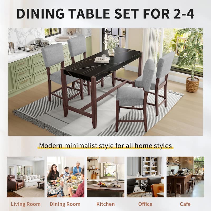 5-Piece Counter Height Dining Table Set, Faux Marble Bar Table and 4 Upholstered-Seat Chairs