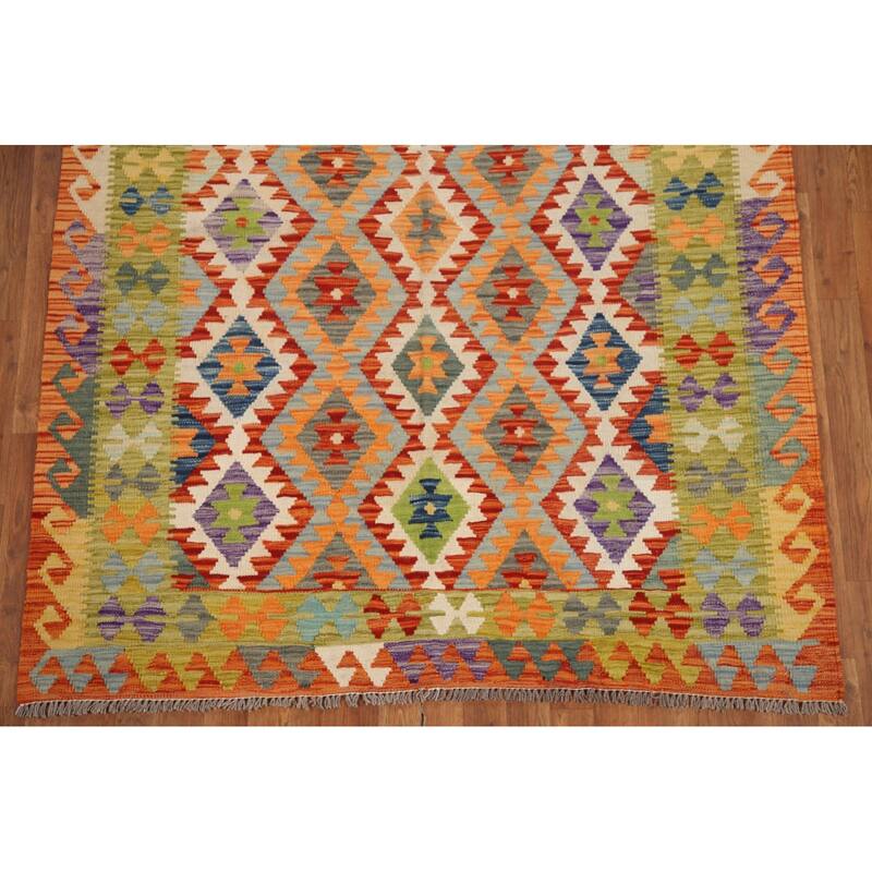 Hand Woven Oriental 100% Wool Carpet Southwestern Geometric Multi-Colored Kilim Area Rug - 6' 5'' X 5' 2''