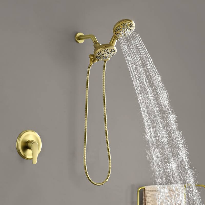 Modland 12-Setting Dual Head Shower System Pressure Balance Valve with Handheld & Rain Spray Anti-Scald Faucet Set - Brushed Gold.