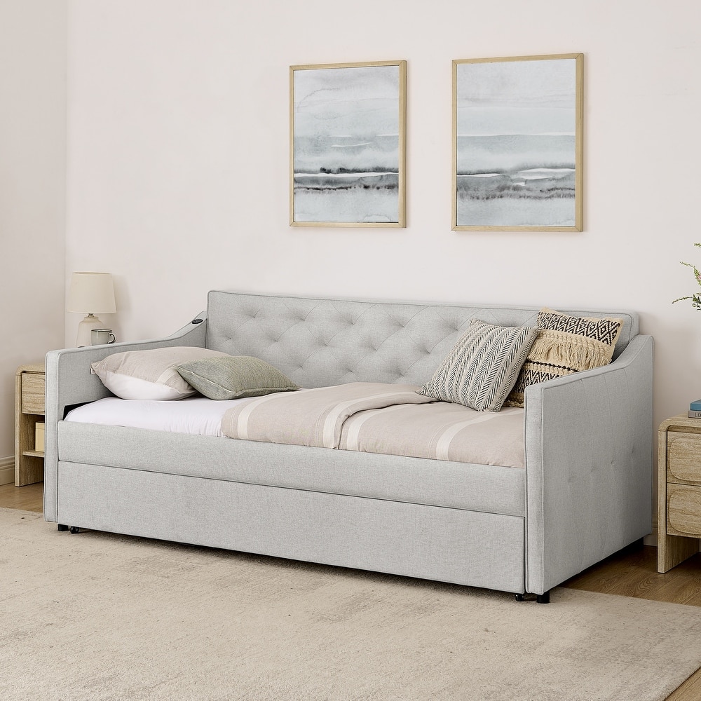 Twin Size Upholstery Daybed with Erectable Trundle and Button-tufted Backrest, USB Charging Design, for Living Room and Bedroom