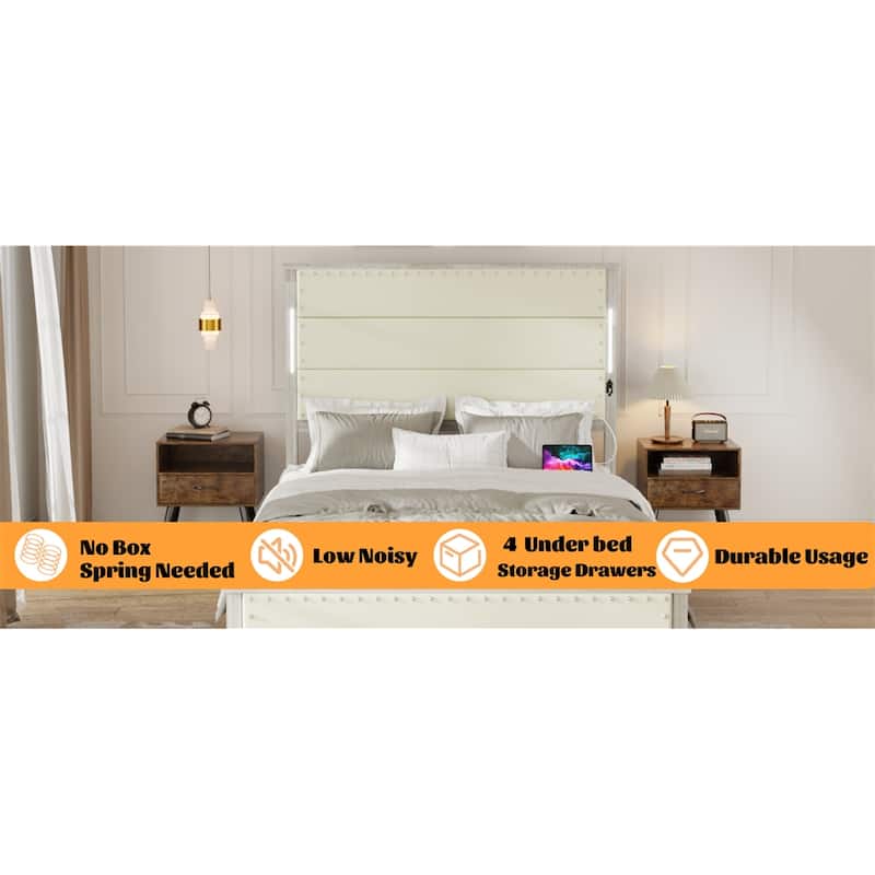 King Size LED Platform Bed with Charging Station and 4 Storage Drawers