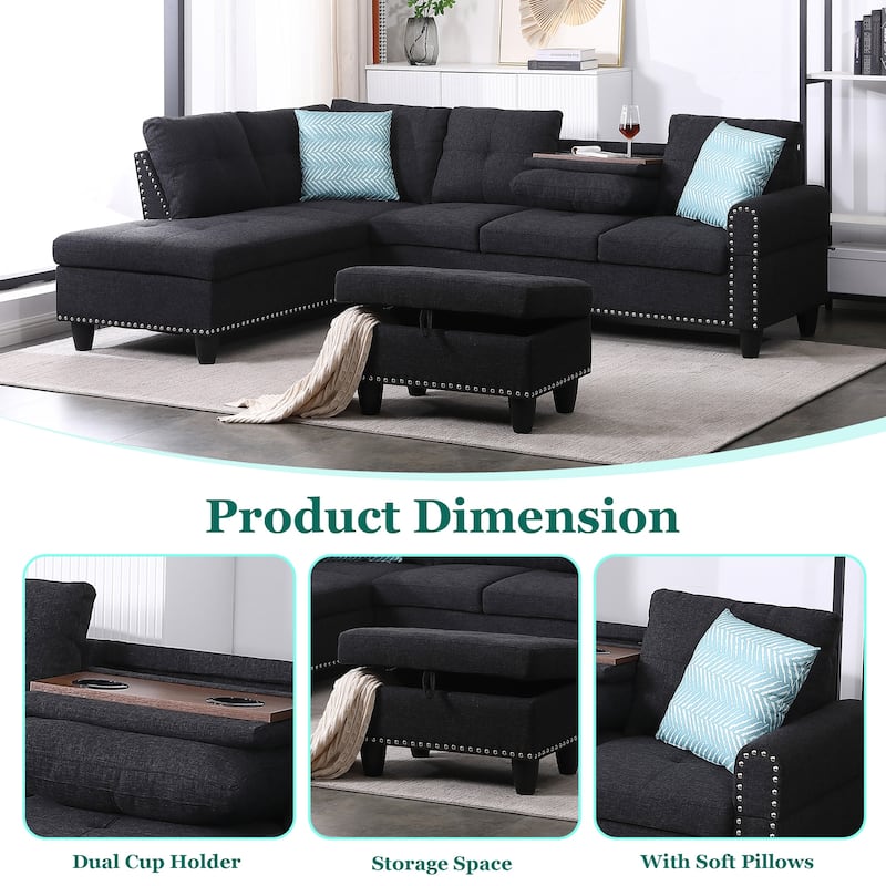 HOMEFUN Linen/Leather Upholstered L-Shaped 4-seater Multifunctional Sectional Sofa with Storage Ottoman,Cup Holder
