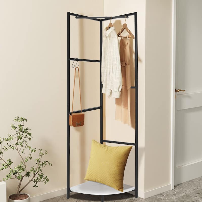 Metal Corner Coat Rack Clothes Rack Hall Tree with Hooks Storage Shelf