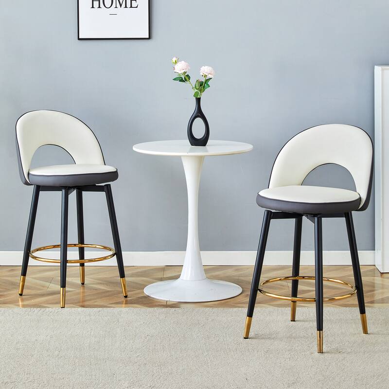 360° Swivel Bar Chair Set of 2, Modern Spliced Color Faux Leather Upholstered Bar Chair with Gold Metal Leg & Powder Coated Base