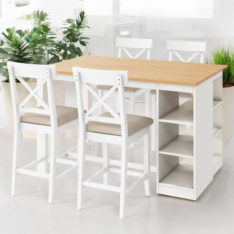 Farmhouse 5-Piece Counter Height Dining Table Set with 3-Tier Storage Shelves, 4 Cross-Back Chairs, Solid Rubberwood Frame