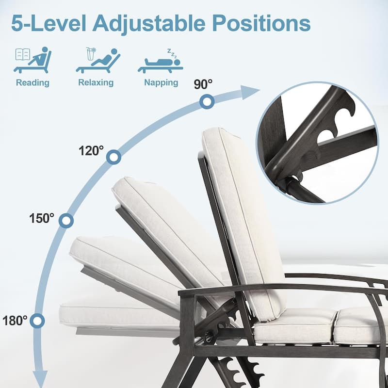 HOMEFUN Outdoor Aluminum Reclining 5-Position Adjustable Backrest Chaise Lounge with Cushion
