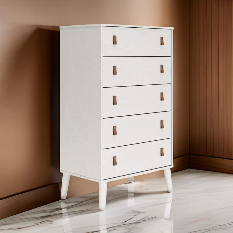 Nina 51 Inch 5 Drawer Tall Dresser Chest, Brown Faux Leather Handles, White