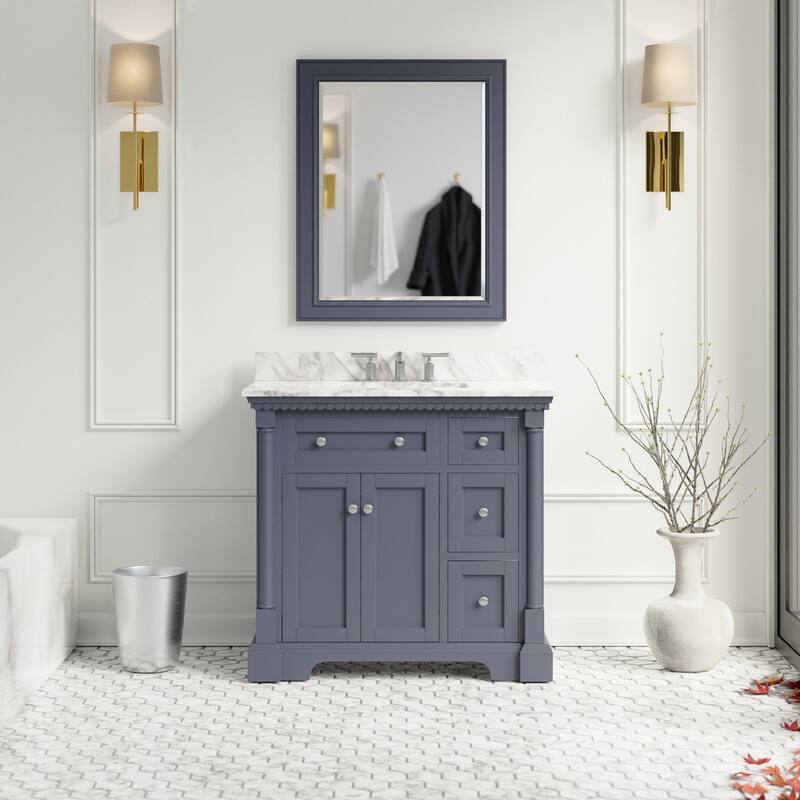 KitchenBathCollection Sydney 36" Bathroom Vanity with Carrara Marble Top - Marine Gray