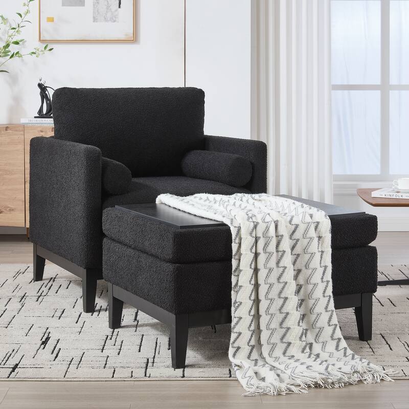 Upholstered Wood Base Square Accent Arm Chair with Ottoman