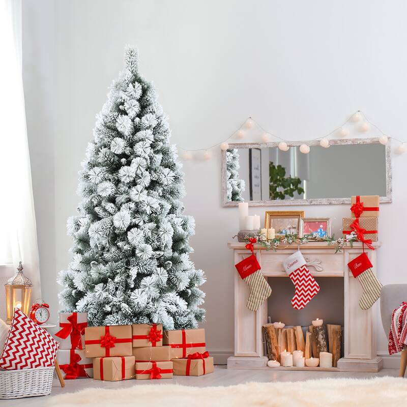 Costway 5ft/6ft/7ft Snow Flocked Hinged Artificial Slim Christmas Tree