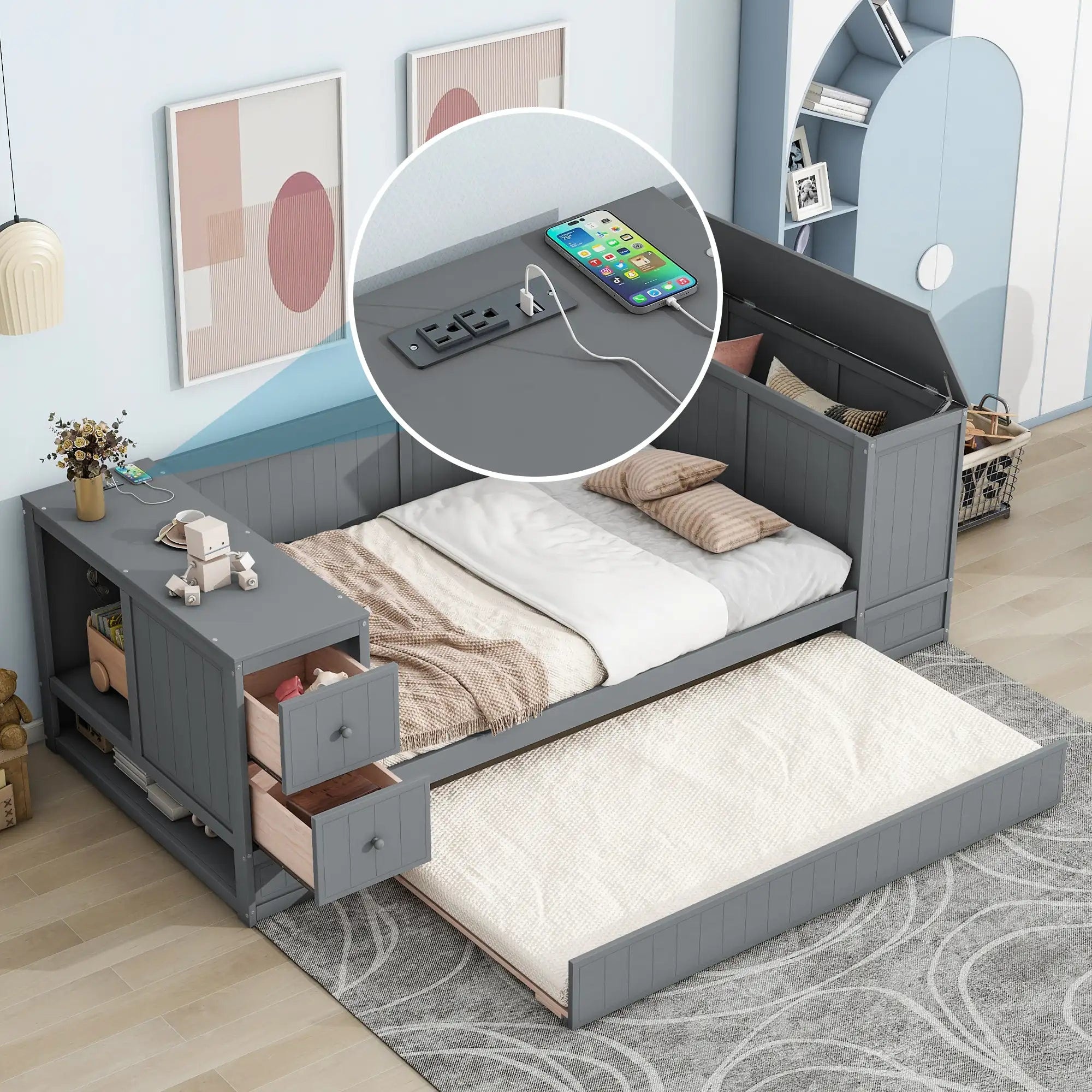Twin Size Daybed with Storage Arms Trundle and Charging Station Grey