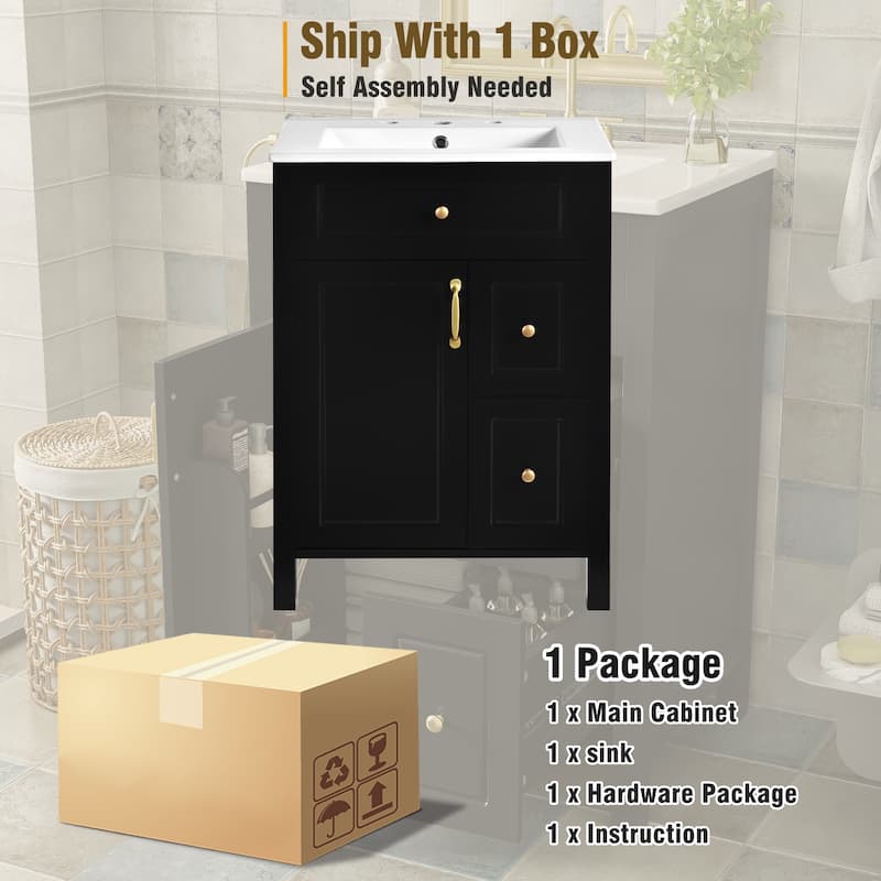 24-Inch Bathroom Vanity with Ceramic Sink, 1 Soft Close Door, 2 Soft Close Drawers, and Double Storage Racks on the Door