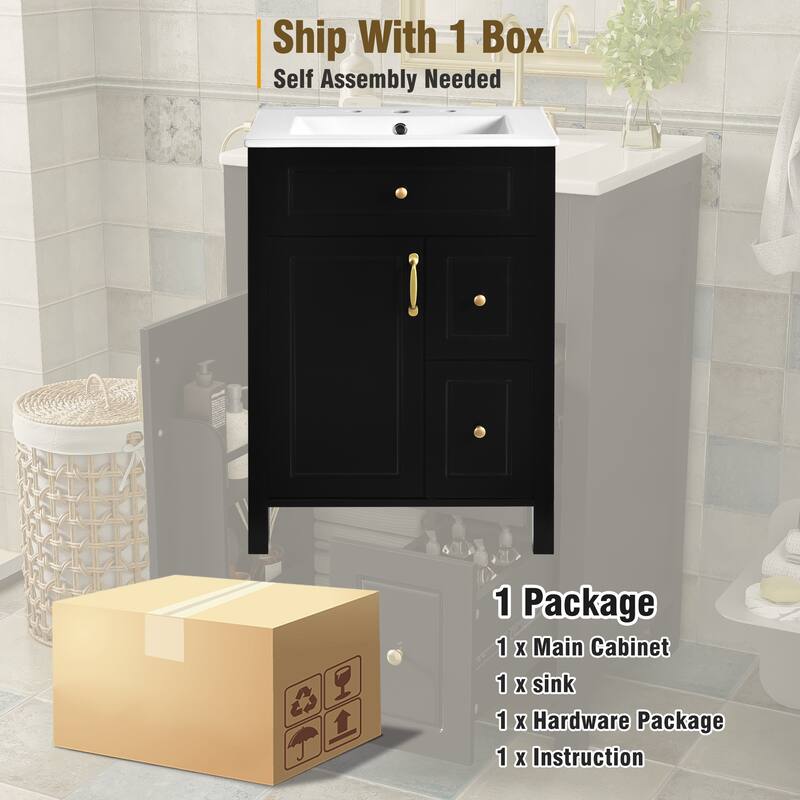 Compact 24" Freestanding Bathroom Cabinet with Ceramic Basin, Soft-Close Hinges, Storage Drawers & Door Racks