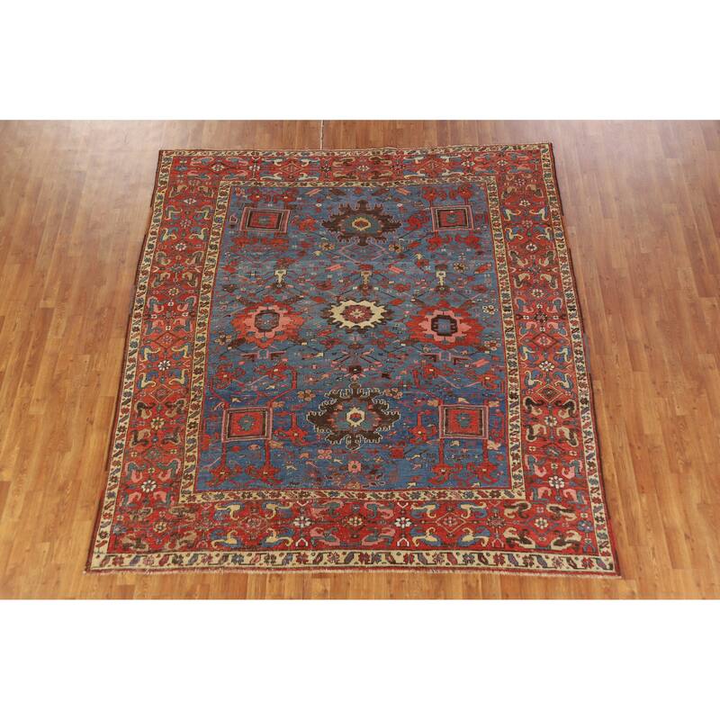 Hand Knotted Oriental 100% Wool Carpet Traditional Geometric Navy Blue & Blues Heriz Area Rug - 8' 5'' X 7' 11''