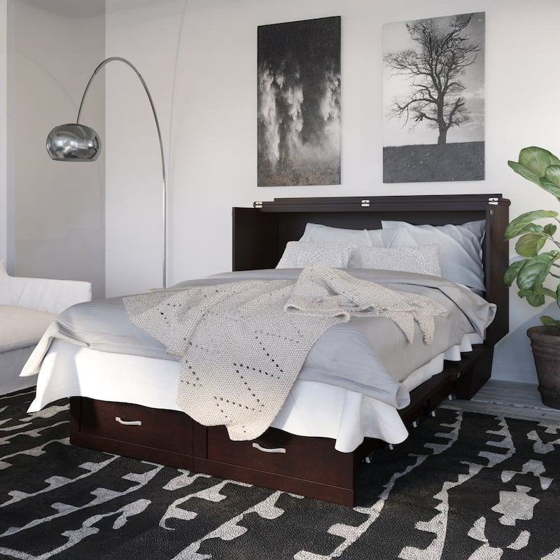 Monroe Queen Murphy Bed Chest with 6" Mattress, Storage Drawer & Built-In Charger in Espresso