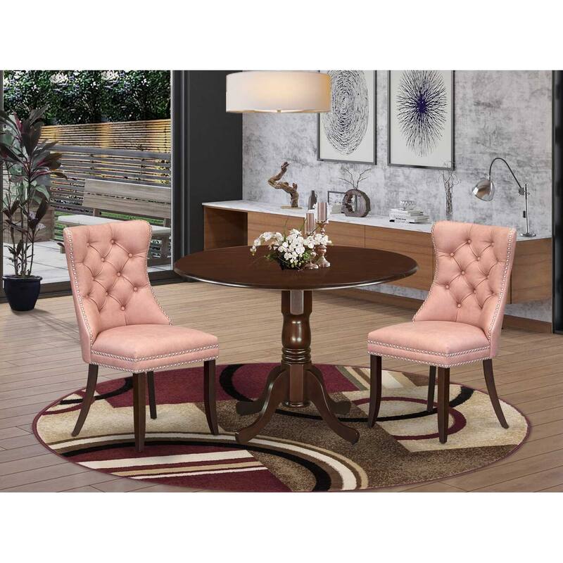 3-Piece Mahogany Finish Solid Wood Top-Round Upholstered Dining Room Set -Seats 4