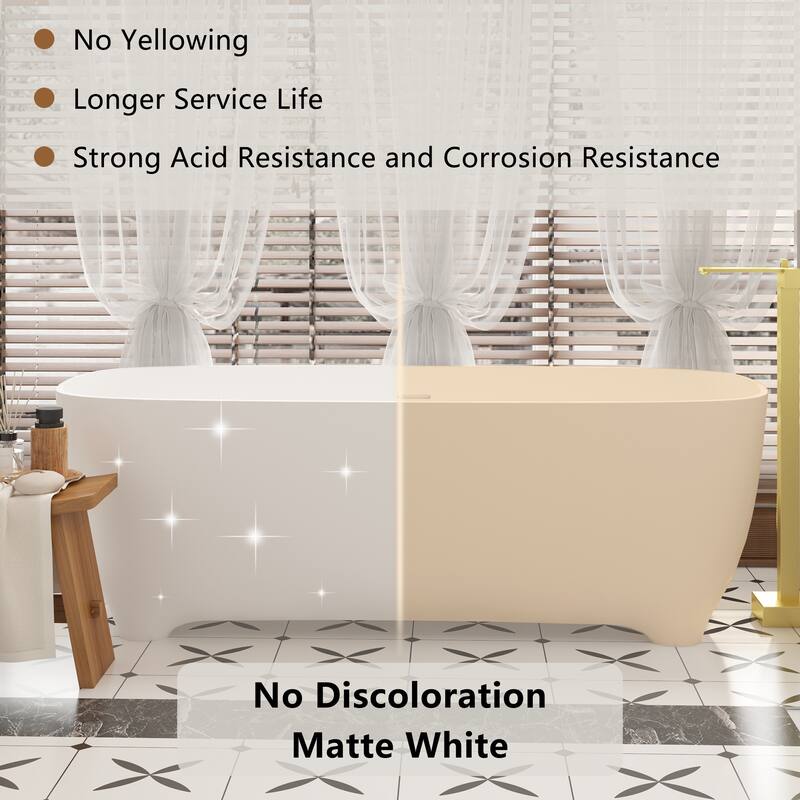 CASAINC 67 Inch Soaking Bathtub Solid Surface Stone Bathtub with Center Drain in Matte White - 67 Inch