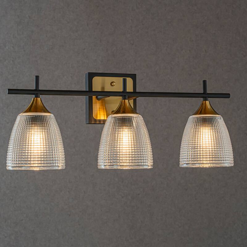 CraftHome 3-Light Contemporary Bathroom Vanity Wall Light in Black and Brass Finish with Dome Shape Clear Textured Glass Shade - W21''