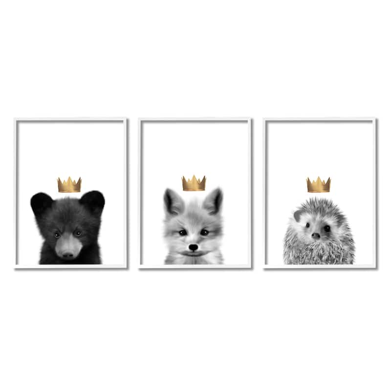 Stupell Woodland Animals Bold Crowns Black Bear Fox Hedgehog 3pc Multi Piece Framed Wall Art Set - 16 x 20 - White
