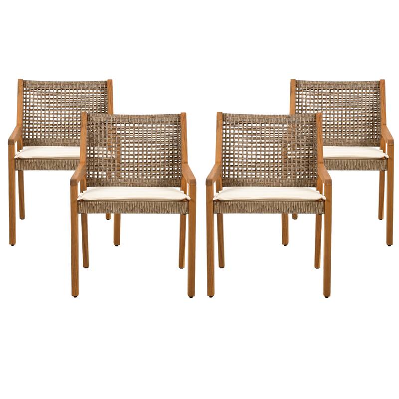 Roomfitters Outdoor Acacia Wood and Wicker Dining Chairs with Cream Cushions Teak Finish and Brown Wicker
