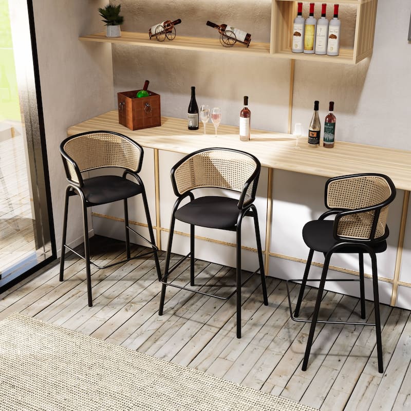 LeisureMod Ervilla Modern Wicker Leather Bar Stool with Curved Back & Stainless Steel Frame for Home & Kitchen